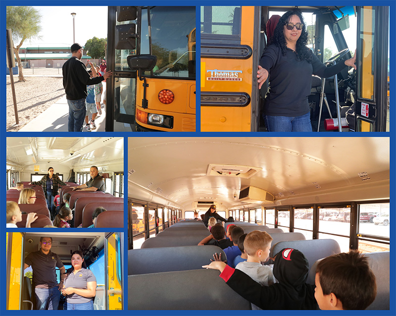 Photo collage of bus drivers and students