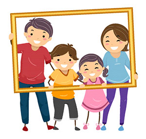 animated family standing behind photo frame